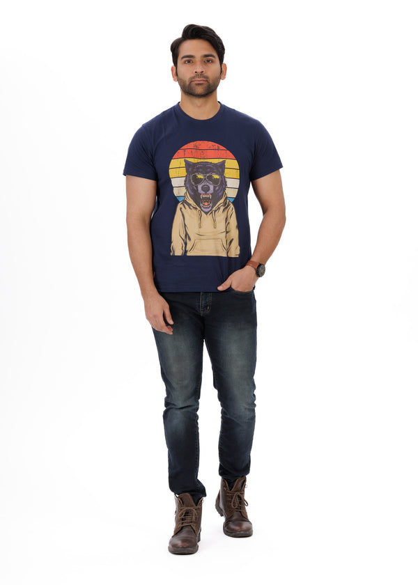 Sunset Wolf Blue Round Neck T-Shirt