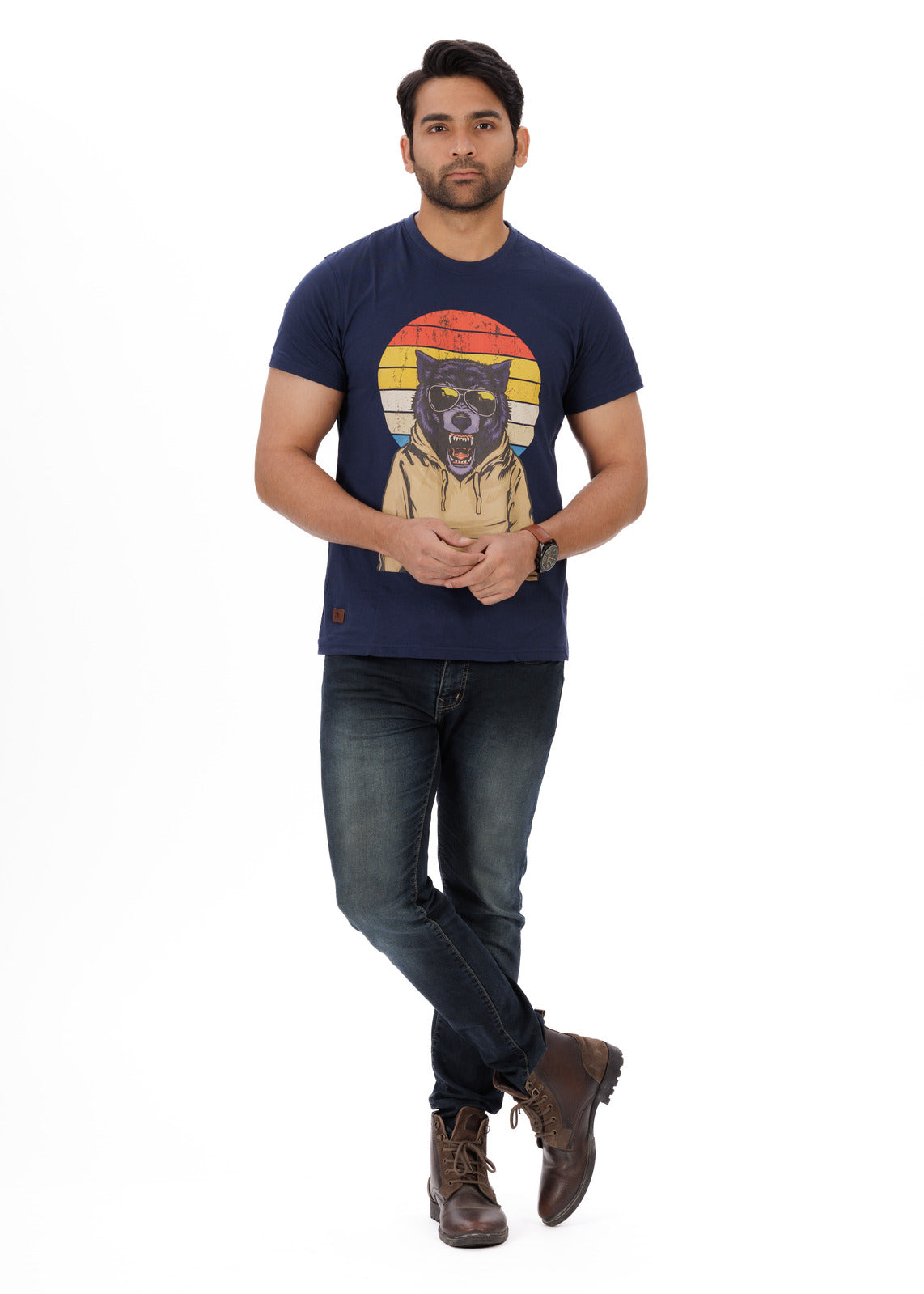 Sunset Wolf Blue Round Neck T-Shirt