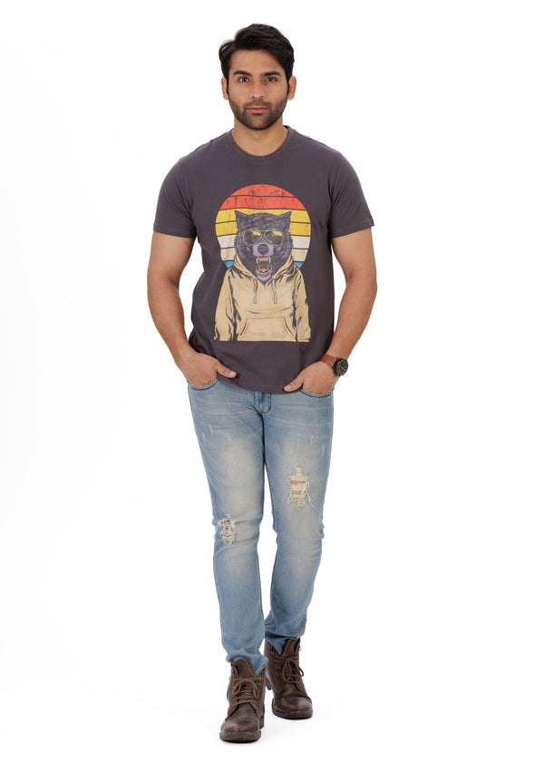 Sunset Wolf Grey Round Neck T-Shirt