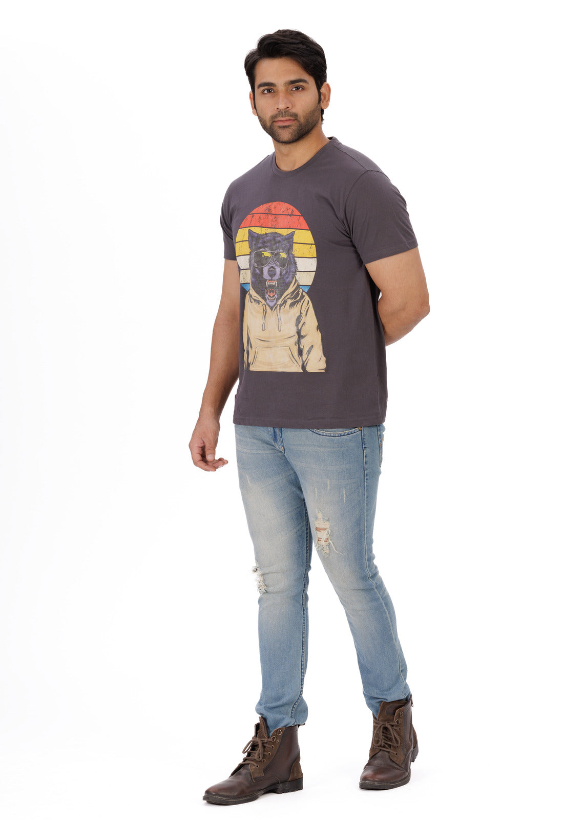 Sunset Wolf Grey Round Neck T-Shirt