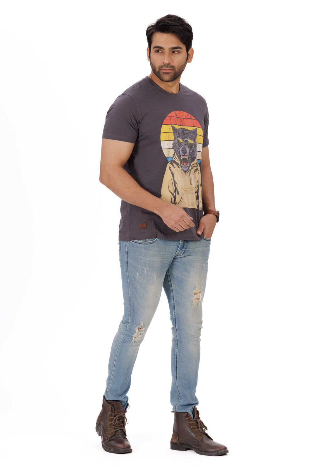 Sunset Wolf Grey Round Neck T-Shirt