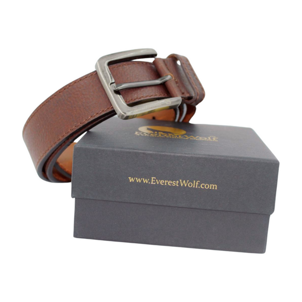 EverestWolf Pinnacle crafted Brown Leather Belt with Midnight silver Buckle