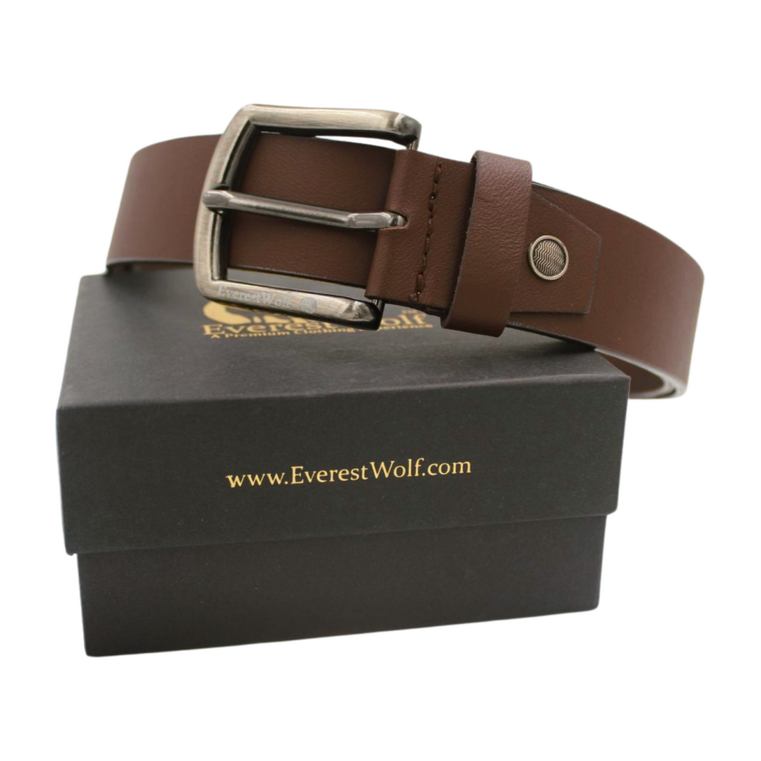 EverestWolf Premium Brown Smooth Finish Leather Belt with Dark Silver Buckle