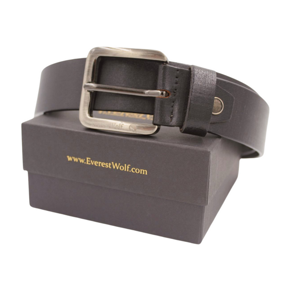 EverestWolf Opulent Textured Black Leather Belt with Grey Buckle