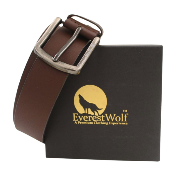 EverestWolf Premium Brown Smooth Finish Leather Belt with Dark Silver Buckle