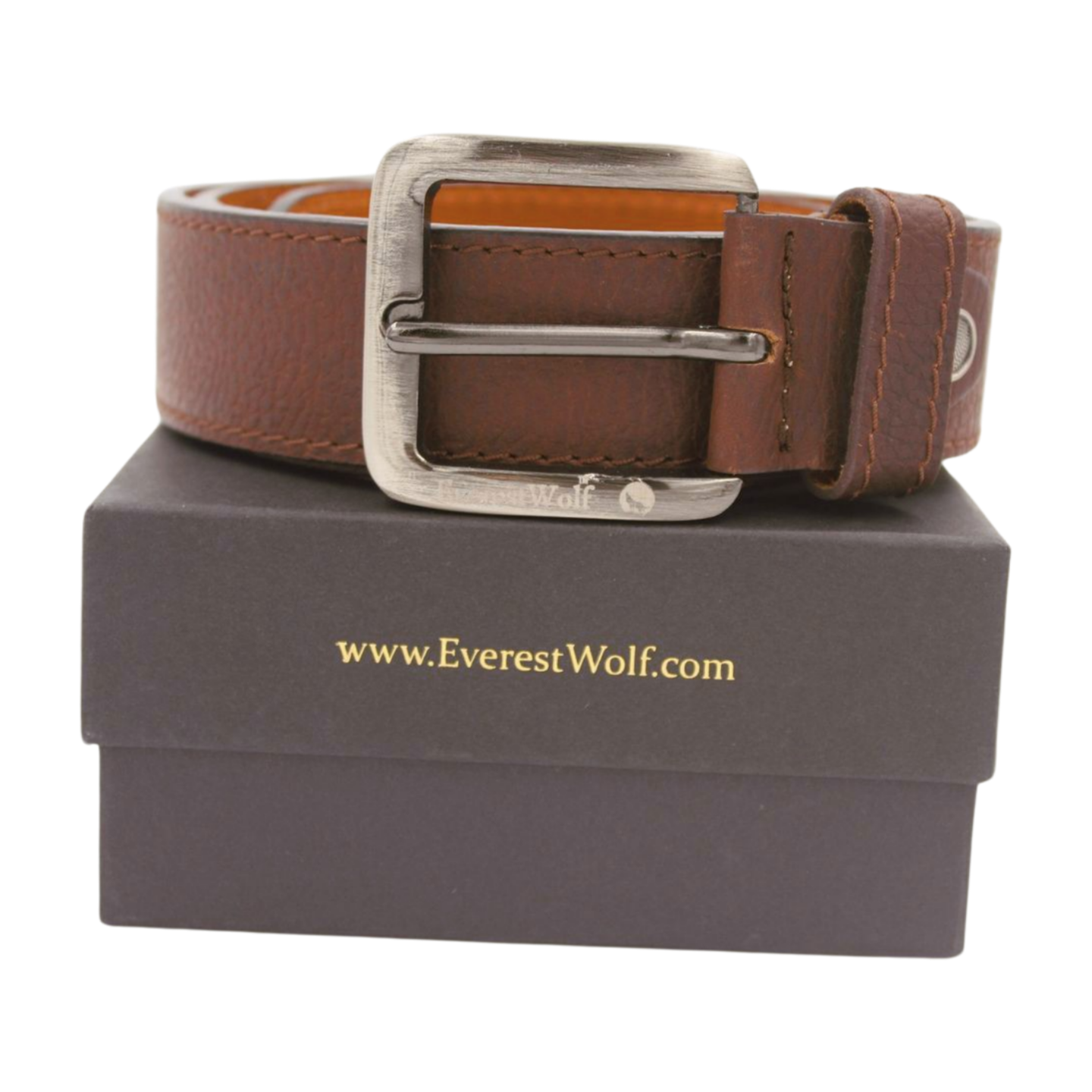EverestWolf Pinnacle crafted Brown Leather Belt with Midnight silver Buckle