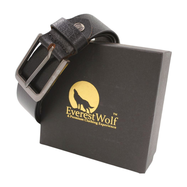 EverestWolf Zenith Designer Black Leather Belt with Grey Buckle