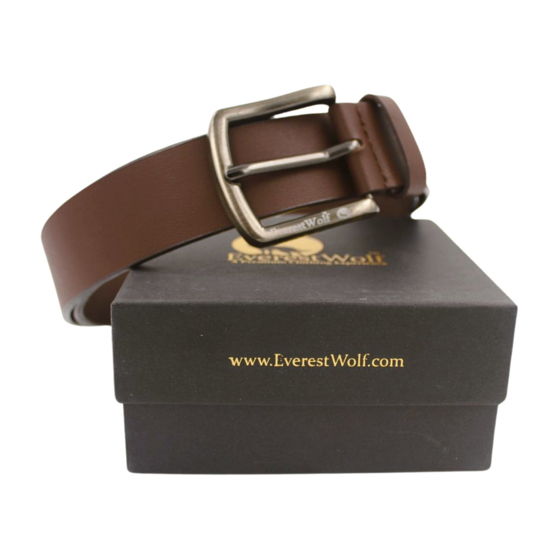 EverestWolf Premium Brown Smooth Finish Leather Belt with Dark Silver Buckle