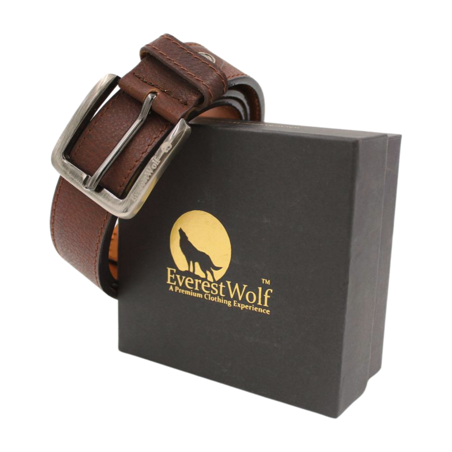 EverestWolf Pinnacle crafted Brown Leather Belt with Midnight silver Buckle