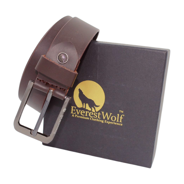 EverestWolf Luminary Brown Leather Belt with Grey Buckle