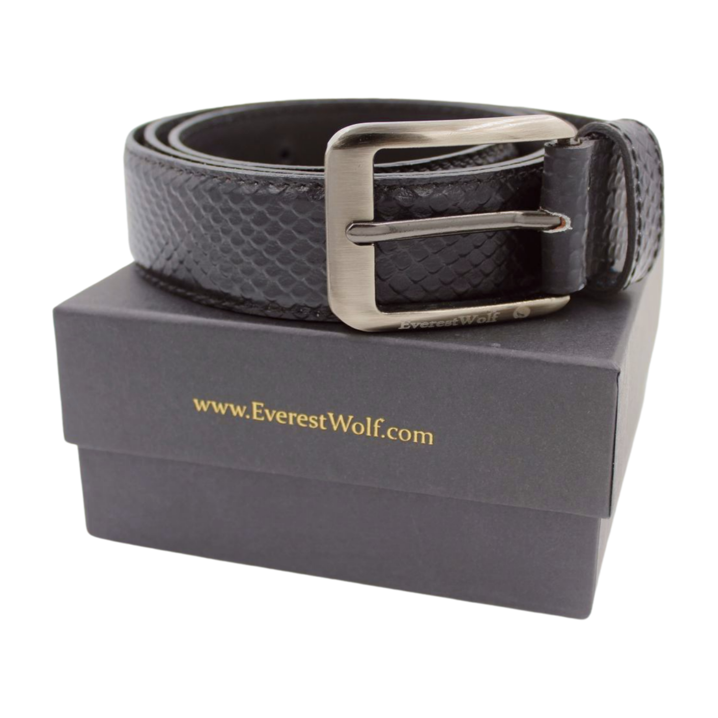 EverestWolf CobraCrown Black Premium Designer Leather Belt with Grey Buckle