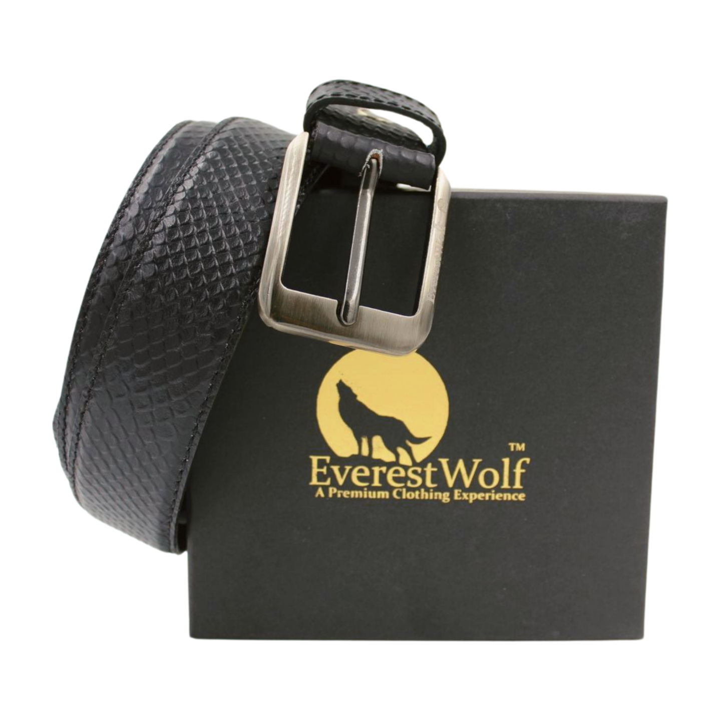 EverestWolf CobraCrown Black Premium Designer Leather Belt with Grey Buckle