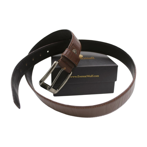 EverestWolf EliteTannery Brown Textured Leather Belt with Dark Silver Buckle