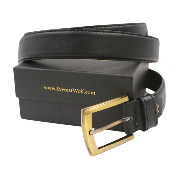 EverestWolf PrimeGrip Black Leather Belt with Golden Buckle