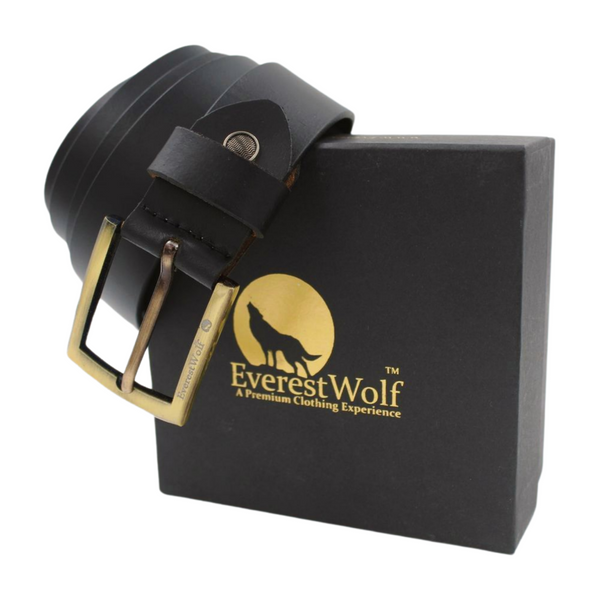 EverestWolf Luxura Black Leather Belt with Golden Buckle