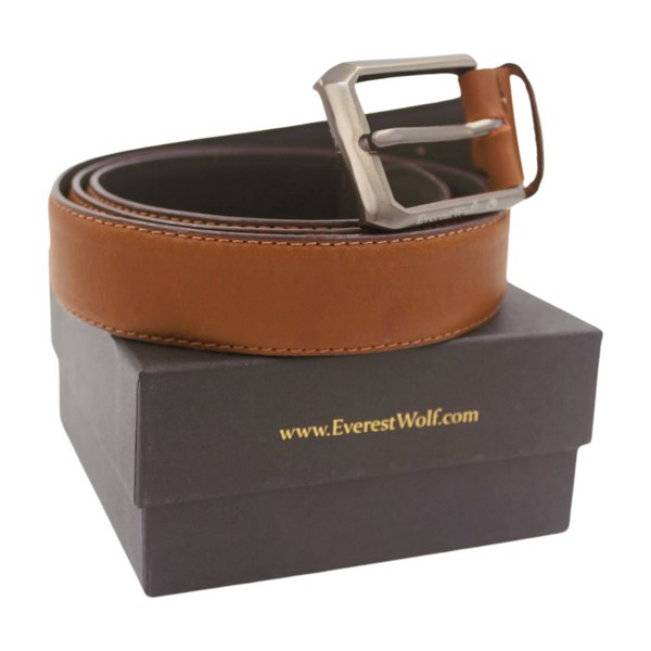 EverestWolf Oakwood Classic Premium Brown Leather Belt with Gun Metal Grey Buckle