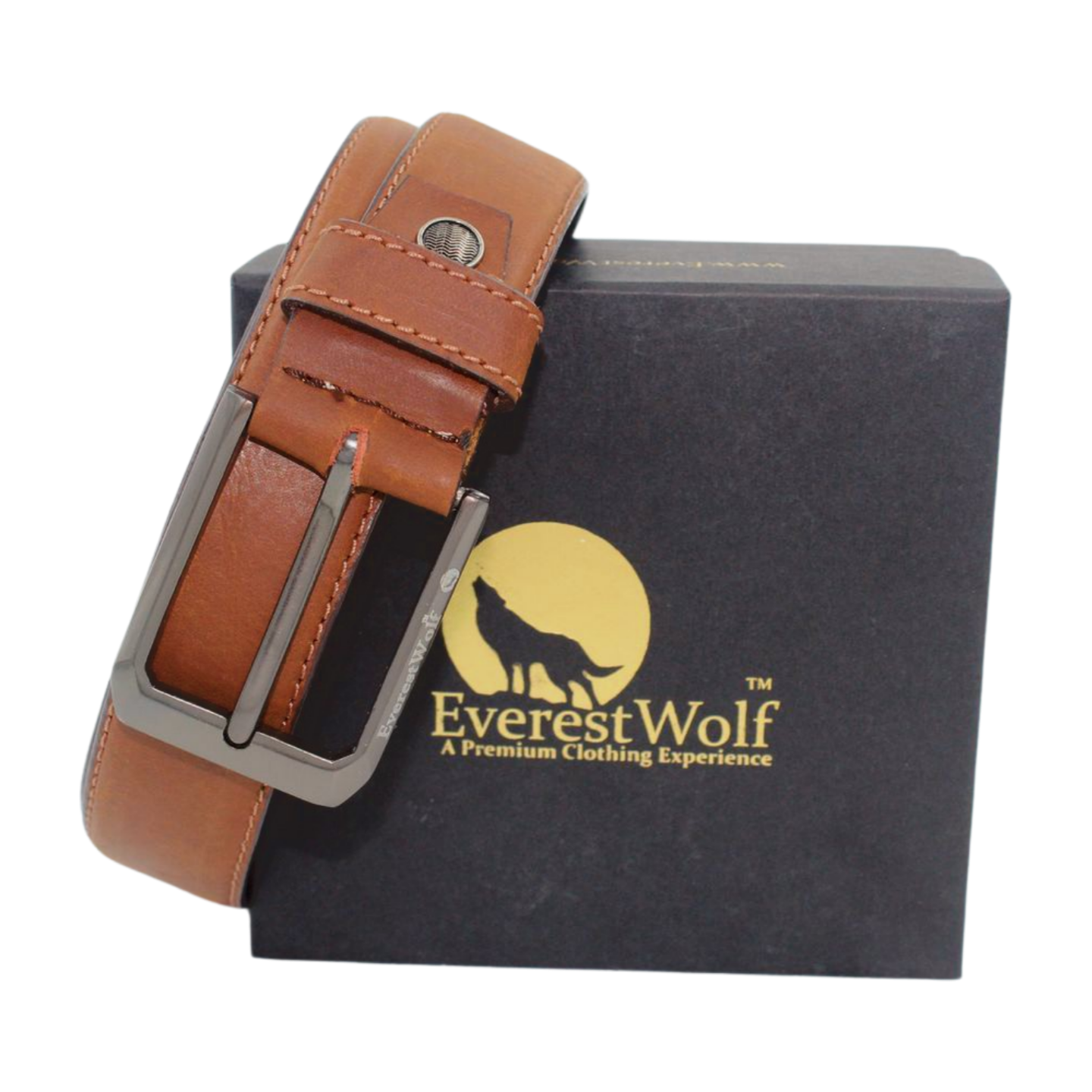 EverestWolf Oakwood Classic Premium Brown Leather Belt with Gun Metal Grey Buckle