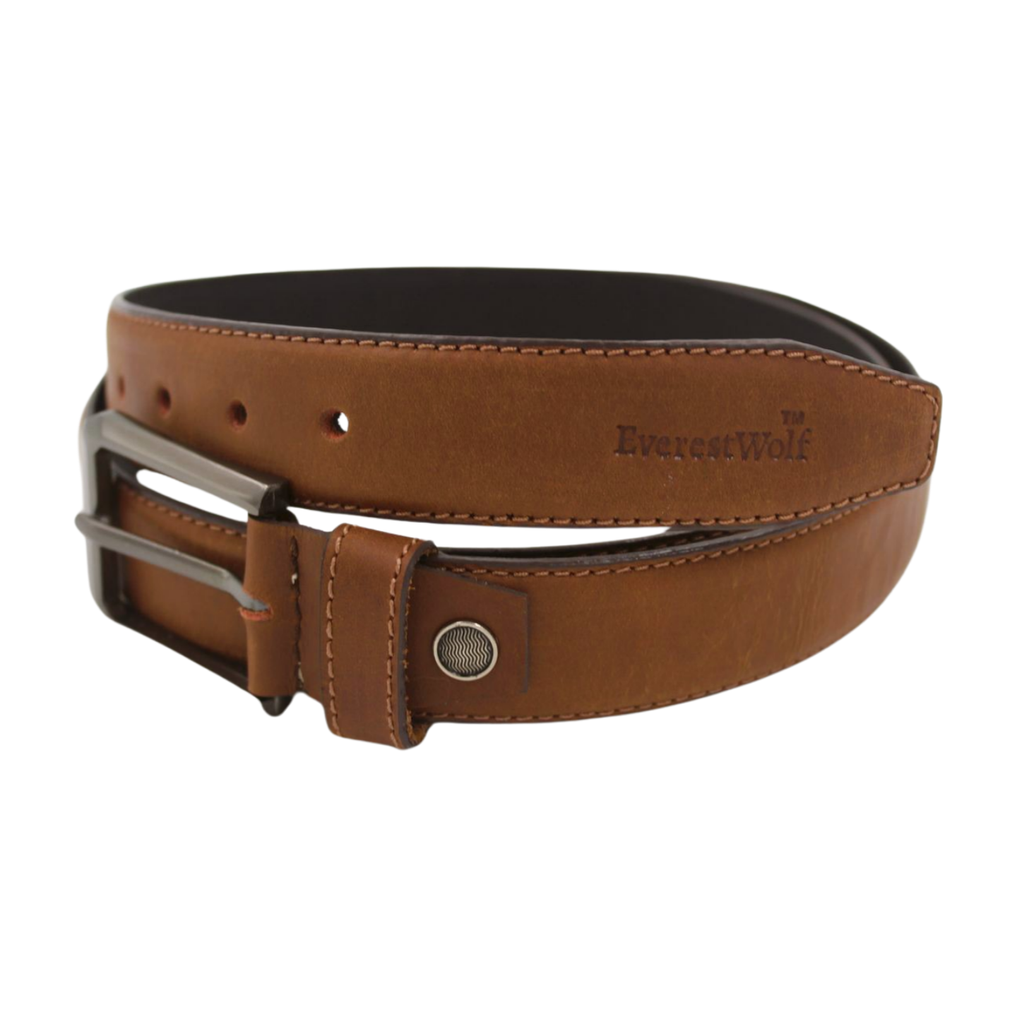 EverestWolf Oakwood Classic Premium Brown Leather Belt with Gun Metal Grey Buckle