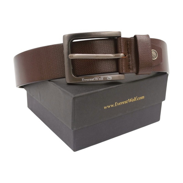 EverestWolf TobaccoTreasure Designer Brown Leather Belt with Dark Silver Buckle