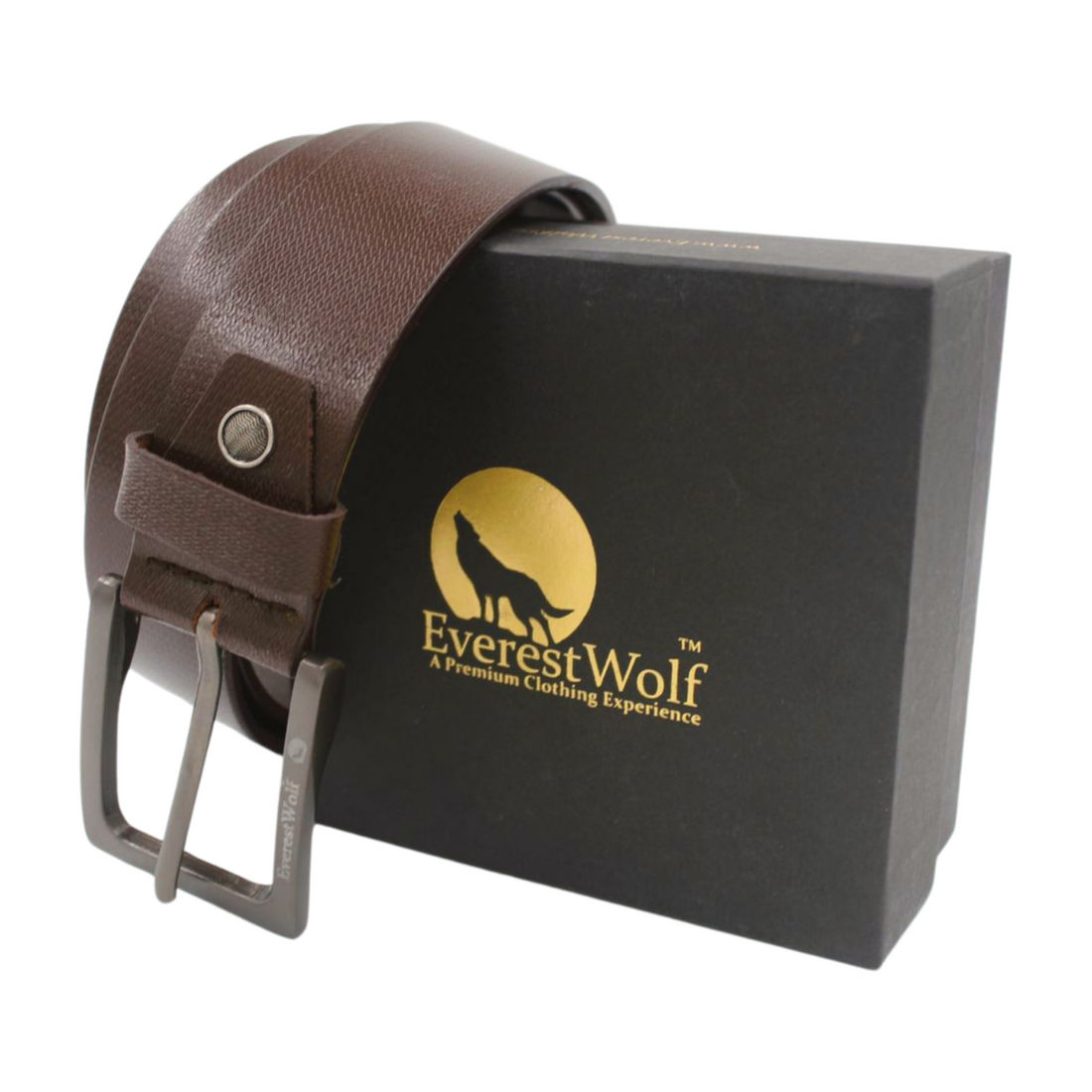 EverestWolf TobaccoTreasure Designer Brown Leather Belt with Dark Silver Buckle